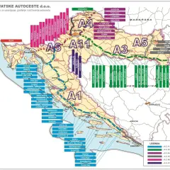 Mapa pokazuje płatne drogi Chorwacja, z zaznaczonymi autostradami A1, A3, A4, A5, A6 i A11, łączącymi główne miasta.