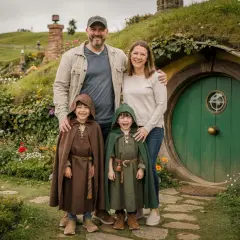 Rodzina w strojach hobbitów pozuje przed przytulnym domkiem w urokliwej wiosce hobbitów, otoczonej kwitnącymi kwiatami.