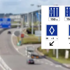 Znaki drogowe we Francji: informacja o pasach ruchu i odległościach do celów.
