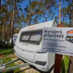 Biała przyczepa kempingowa nad morzem, otoczona sosnowym lasem. Tablica informuje o możliwości wynajmu.