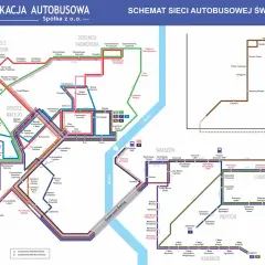 Mapa komunikacji autobusowej Świnoujścia. Trasy łączą osiedla, centrum, dworzec PKP i Międzyzdroje, pokazując najkrótszą drogę ze Szczecina nad morze.