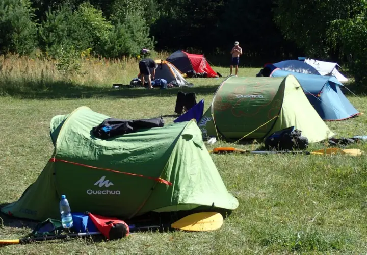 Kilka zielonych i niebieskich namiotów rozbitych na trawie, w tle las. Wygląda na to, że to biwak bez zgłoszenia, gdzie ludzie przygotowują się do spływu kajakowego.