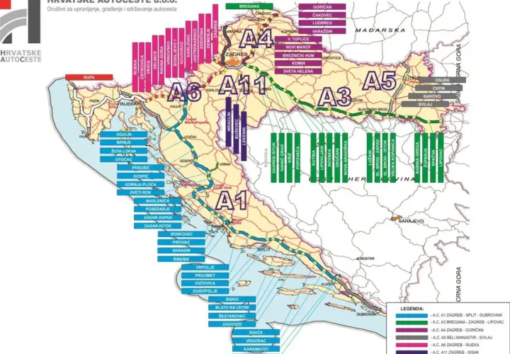 Mapa pokazuje płatne drogi Chorwacja, z zaznaczonymi autostradami A1, A3, A4, A5, A6 i A11, łączącymi główne miasta.