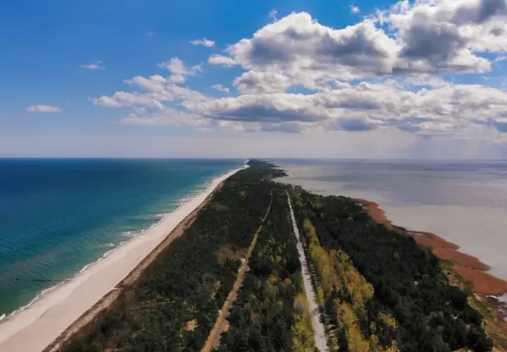 Długa, piaszczysta plaża i las otaczają drogę prowadzącą do morza. Idealne miejsce na parking z widokiem na morze.