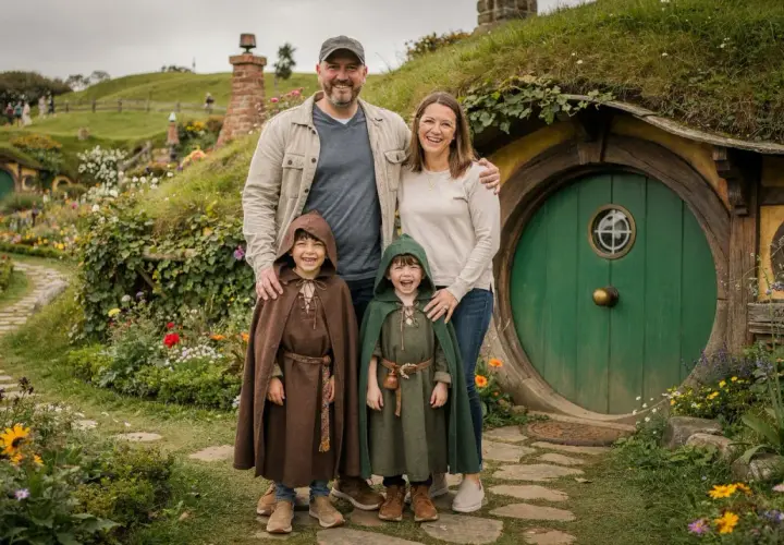 Rodzina w strojach hobbitów pozuje przed przytulnym domkiem w urokliwej wiosce hobbitów, otoczonej kwitnącymi kwiatami.