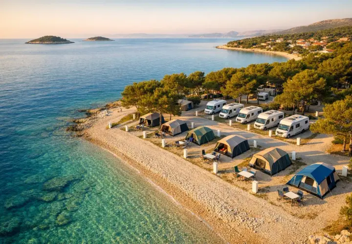 Kemping nad krystalicznie czystym morzem, kamienista plaża, namioty i kampery. Idealne miejsce na wakacje na wybrzeżu Chorwacji.