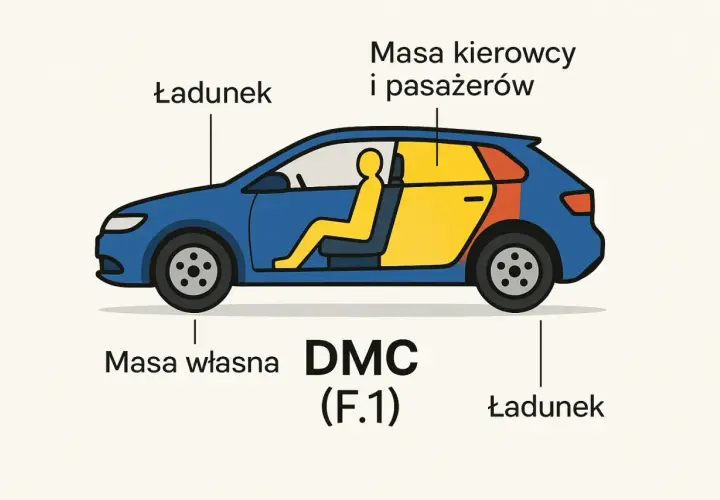 Schemat samochodu z oznaczeniami: masa własna, ładunek, masa kierowcy i pasażerów. Kluczowe dla bezpiecznej jazdy z przyczepą.