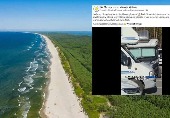 Piękna plaża i las nad morzem. Na parkingu przy plaży w Lubiatowie stoją kampery, które stają się coraz bardziej popularne.
