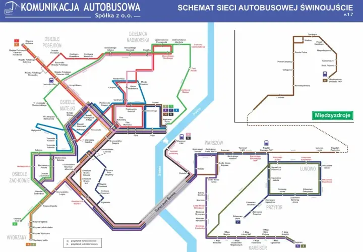 Mapa komunikacji autobusowej Świnoujścia. Trasy łączą osiedla, centrum, dworzec PKP i Międzyzdroje, pokazując najkrótszą drogę ze Szczecina nad morze.