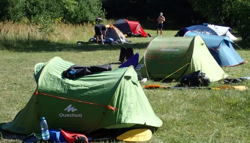 Kilka zielonych i niebieskich namiotów rozbitych na trawie, w tle las. Wygląda na to, że to biwak bez zgłoszenia, gdzie ludzie przygotowują się do spływu kajakowego.