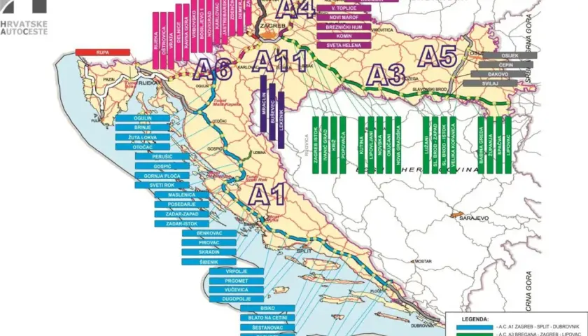 Mapa pokazuje płatne drogi Chorwacja, z zaznaczonymi autostradami A1, A3, A4, A5, A6 i A11, łączącymi główne miasta.