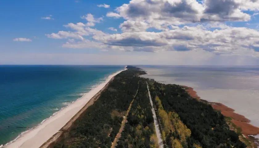 Długa, piaszczysta plaża i las otaczają drogę prowadzącą do morza. Idealne miejsce na parking z widokiem na morze.
