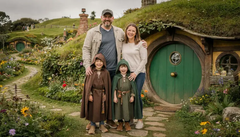 Rodzina w strojach hobbitów pozuje przed przytulnym domkiem w urokliwej wiosce hobbitów, otoczonej kwitnącymi kwiatami.