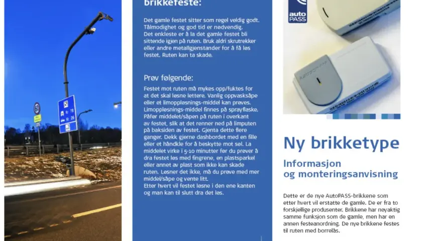 Norwegia opłaty drogowe: nowe brikketype AutoPASS do montażu na szybie.