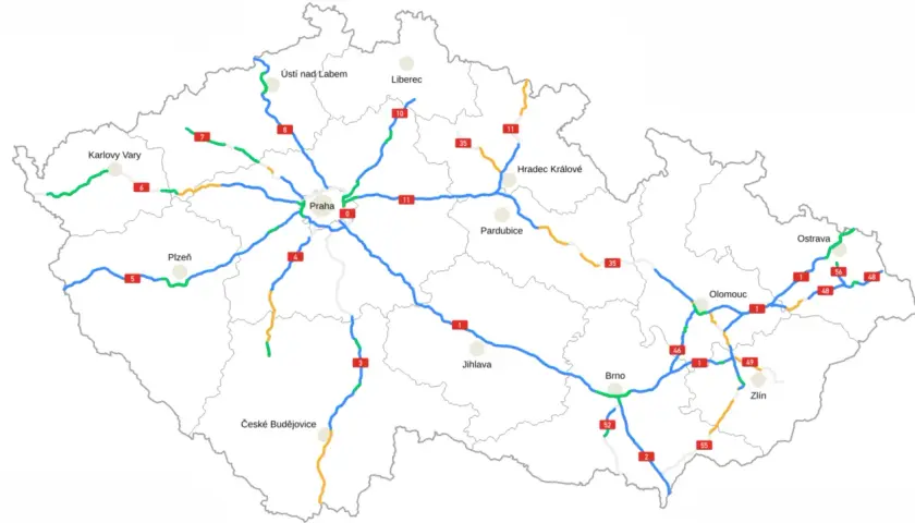 Mapa drogowa Czech z zaznaczonymi miastami i trasami. Odkryj czeskie atrakcje, planując podróż po kraju.