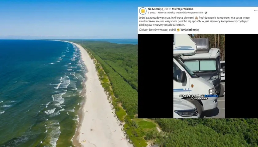 Piękna plaża i las nad morzem. Na parkingu przy plaży w Lubiatowie stoją kampery, które stają się coraz bardziej popularne.