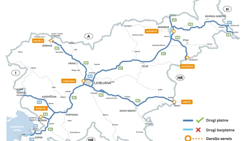 Mapa Słowenii z zaznaczonymi drogami płatnymi (niebieskie linie) i bezpłatnymi (jasnoniebieskie linie). Widać autostrady A1, A2, A3, A4, A5, H3, H4, H5, H6, H7. Kluczowe miasta to Lublana, Maribor, Celje, Koper. Oznaczenia DarsGo serwis. Ograniczenia p...