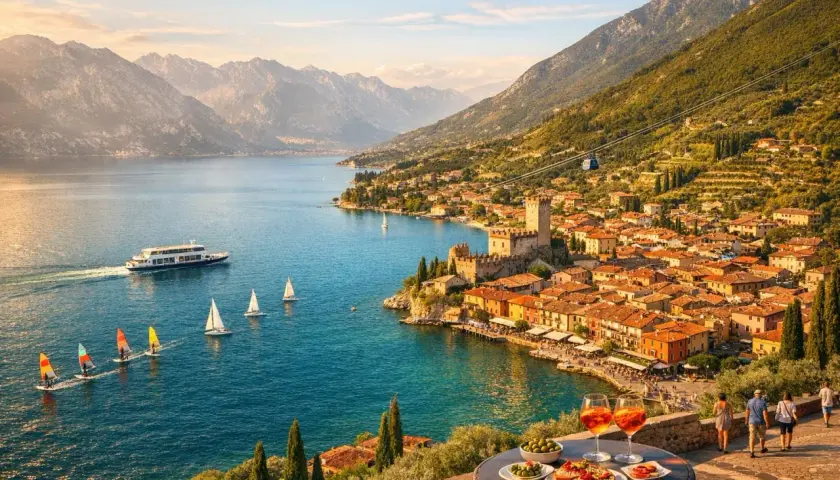 Widok na malownicze miasteczko nad jeziorem Garda z zamkiem, żaglówkami i statkiem.