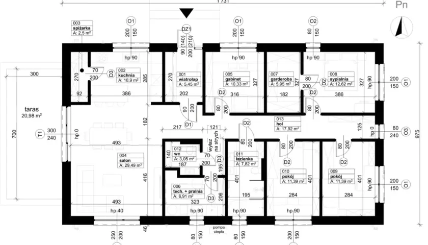 Projekt domu z autobusu: salon, kuchnia, sypialnia, łazienka, garderoba, spiżarka, gabinet, taras.