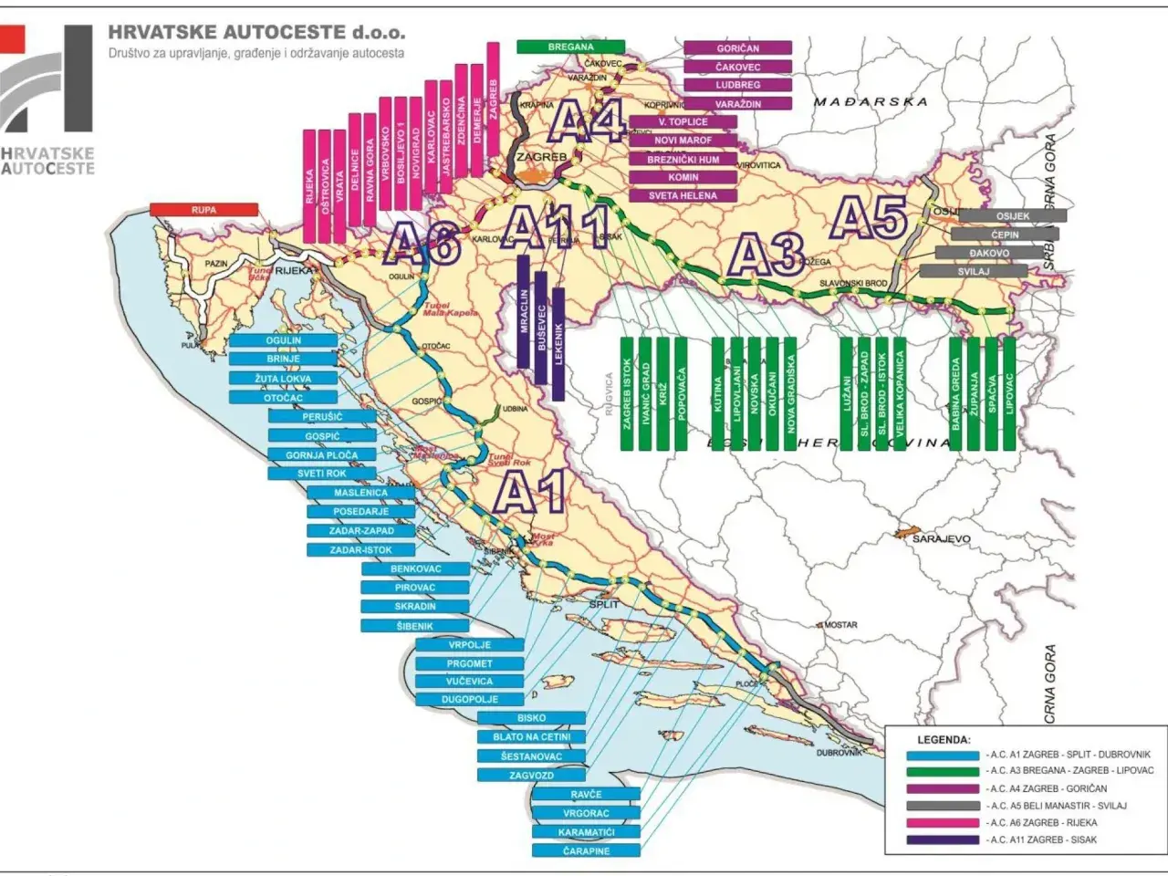 Mapa pokazuje płatne drogi Chorwacja, z zaznaczonymi autostradami A1, A3, A4, A5, A6 i A11, łączącymi główne miasta.