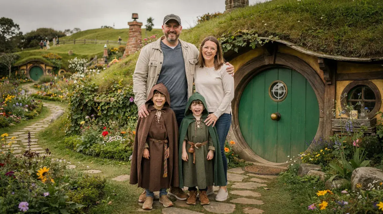 Rodzina w strojach hobbitów pozuje przed przytulnym domkiem w urokliwej wiosce hobbitów, otoczonej kwitnącymi kwiatami.
