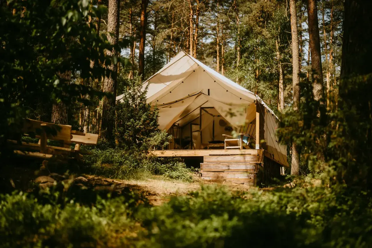 Namiot glampingowy w lesie, idealny na darmowe pola namiotowe Mazury. Drewniana ławka i krzesło zapraszają do odpoczynku.