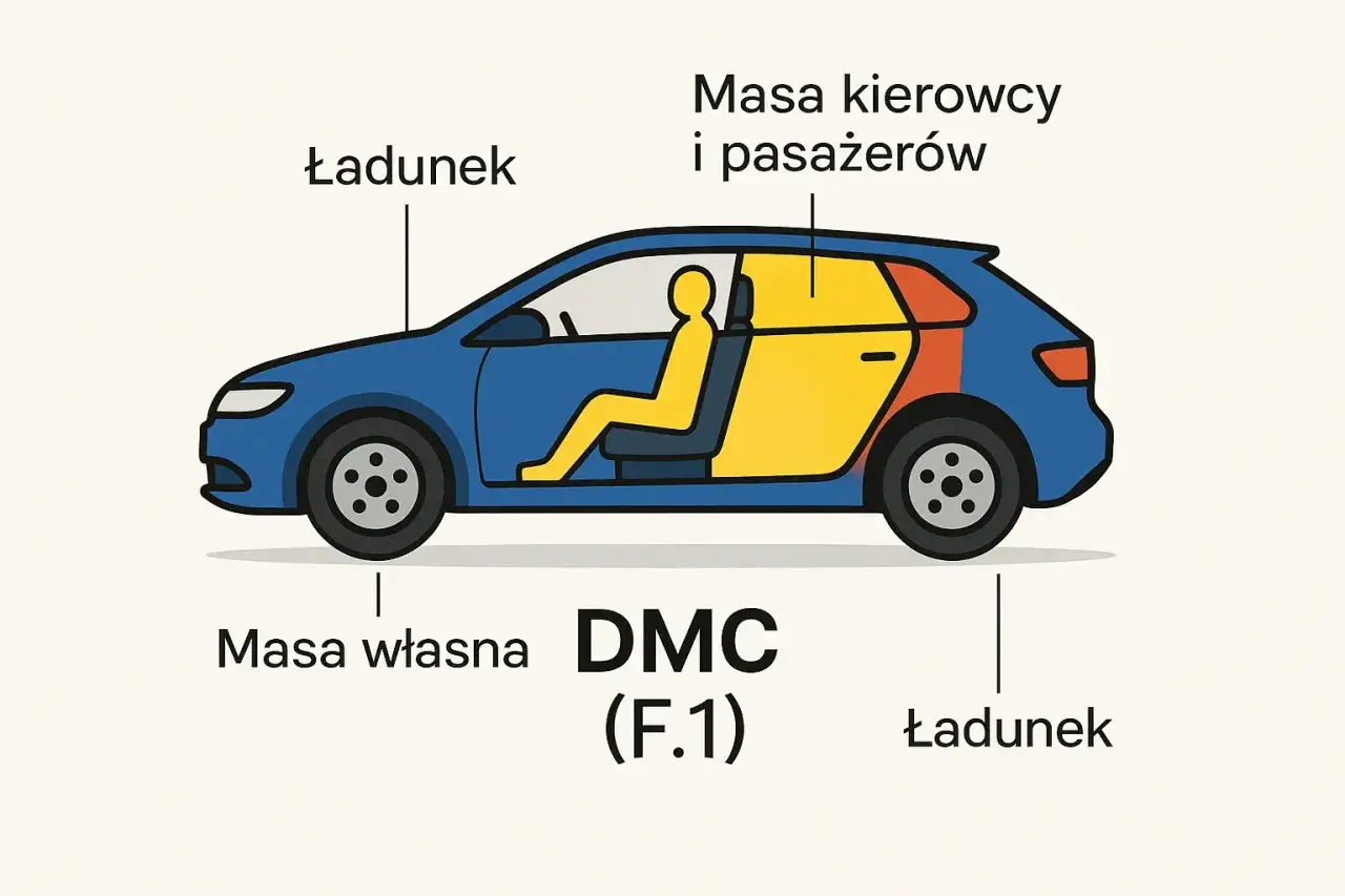 Schemat samochodu z oznaczeniami: masa własna, ładunek, masa kierowcy i pasażerów. Kluczowe dla bezpiecznej jazdy z przyczepą.