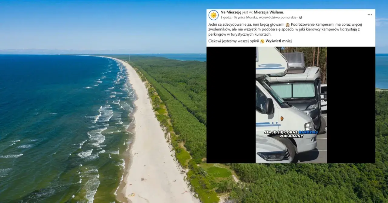 Piękna plaża i las nad morzem. Na parkingu przy plaży w Lubiatowie stoją kampery, które stają się coraz bardziej popularne.