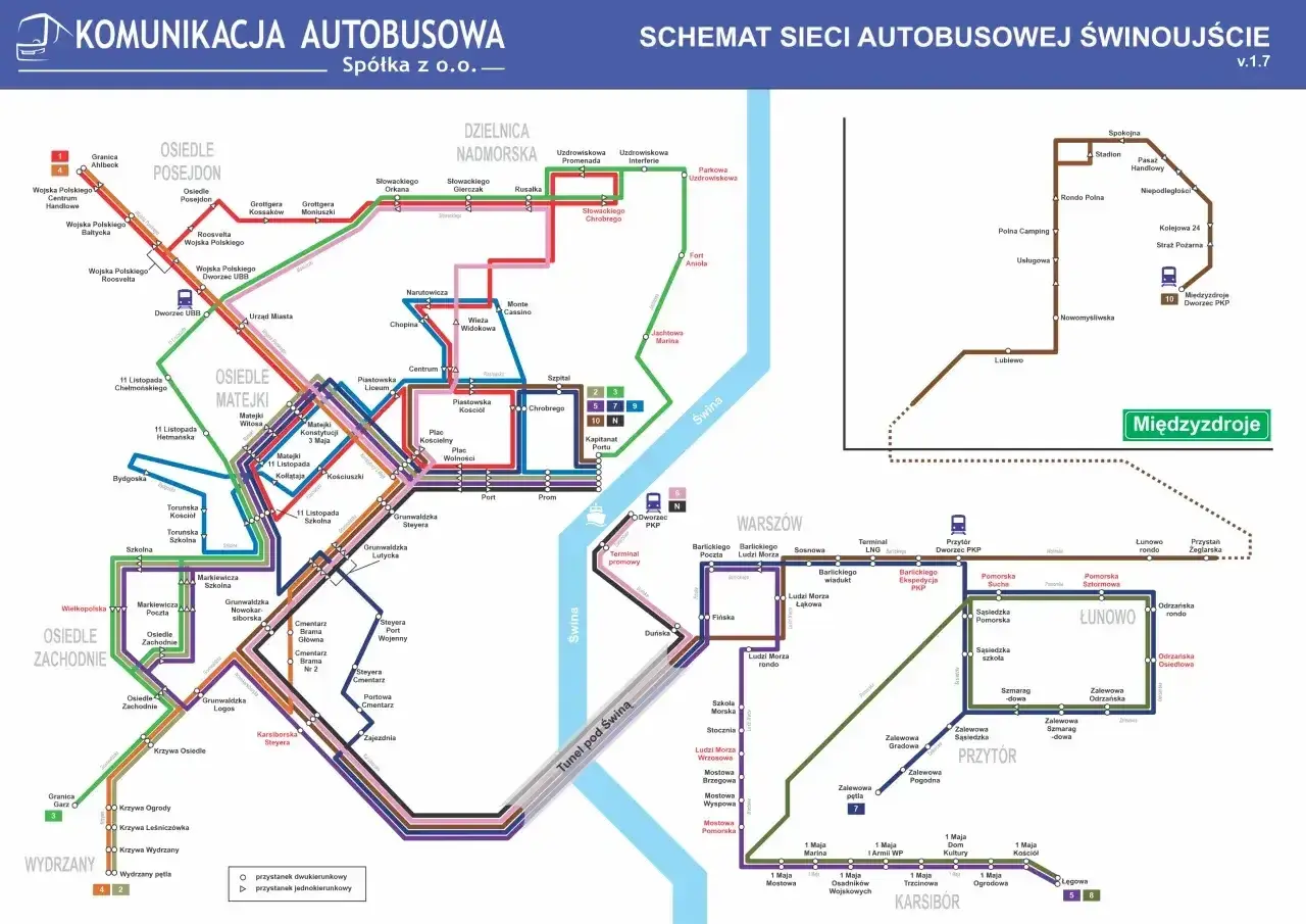 Mapa komunikacji autobusowej Świnoujścia. Trasy łączą osiedla, centrum, dworzec PKP i Międzyzdroje, pokazując najkrótszą drogę ze Szczecina nad morze.