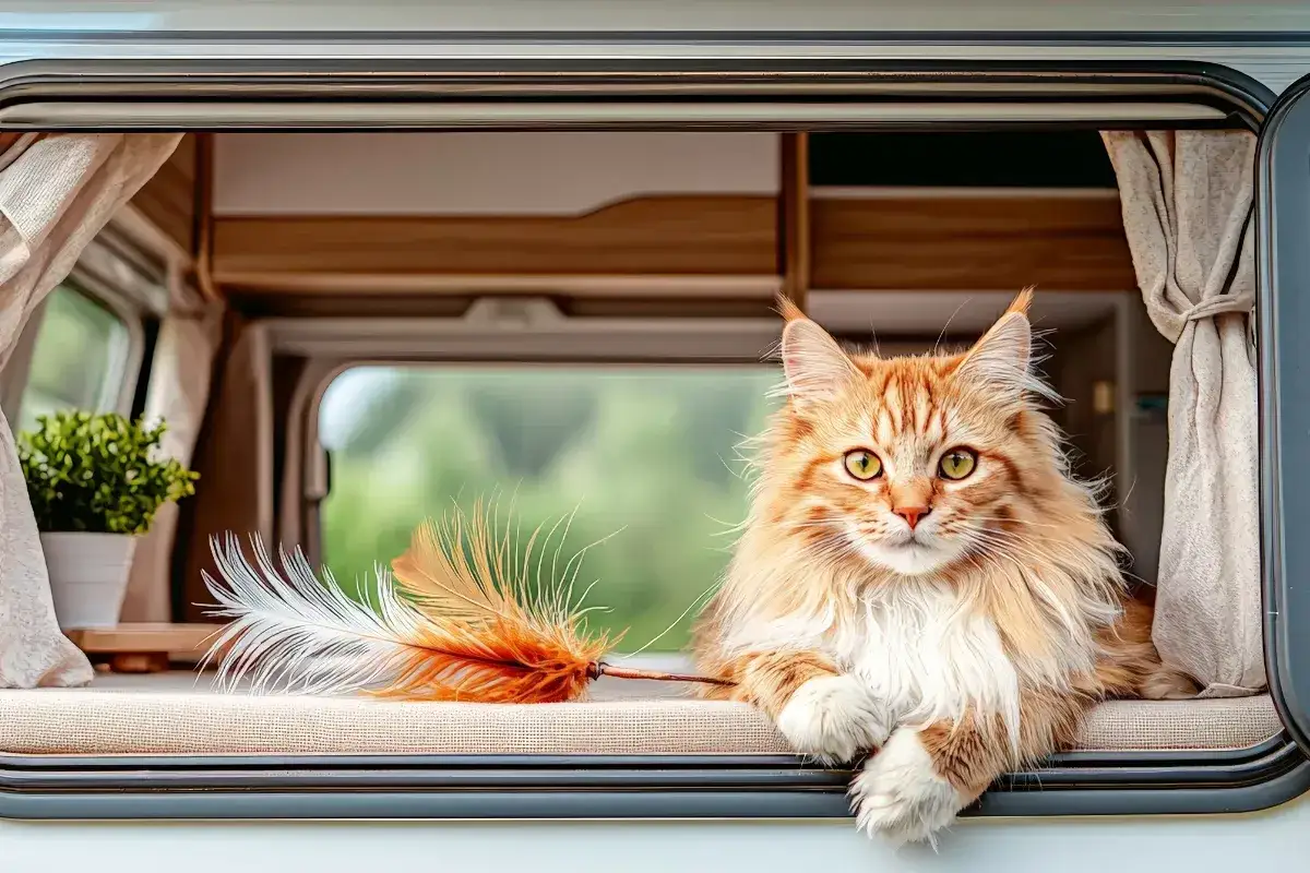 Rudy kot Maine Coon z piórkiem w łapce, gotowy na podróżowanie z kotem kamperem.