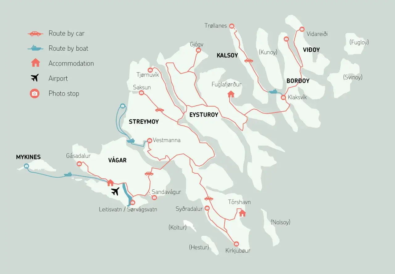 Mapa Wysp Owczych: trasy samochodowe i łodzią, noclegi, lotnisko, punkty widokowe. Zobacz Gásadalur, Saksun, Tórshavn i inne.