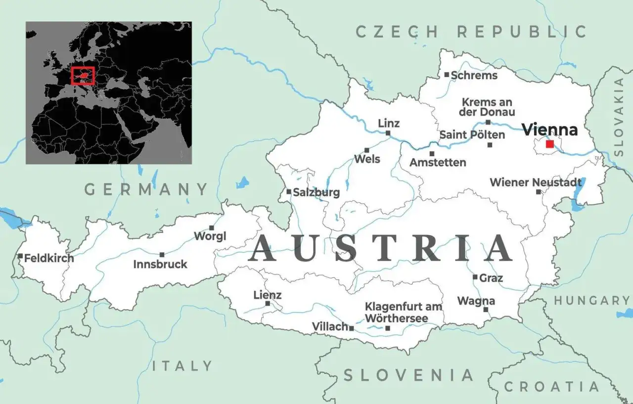 Mapa Europy z zaznaczoną Austrią. Pokazuje jej położenie między Niemcami, Czechami, Słowacją, Węgrami, Słowenią i Włochami.