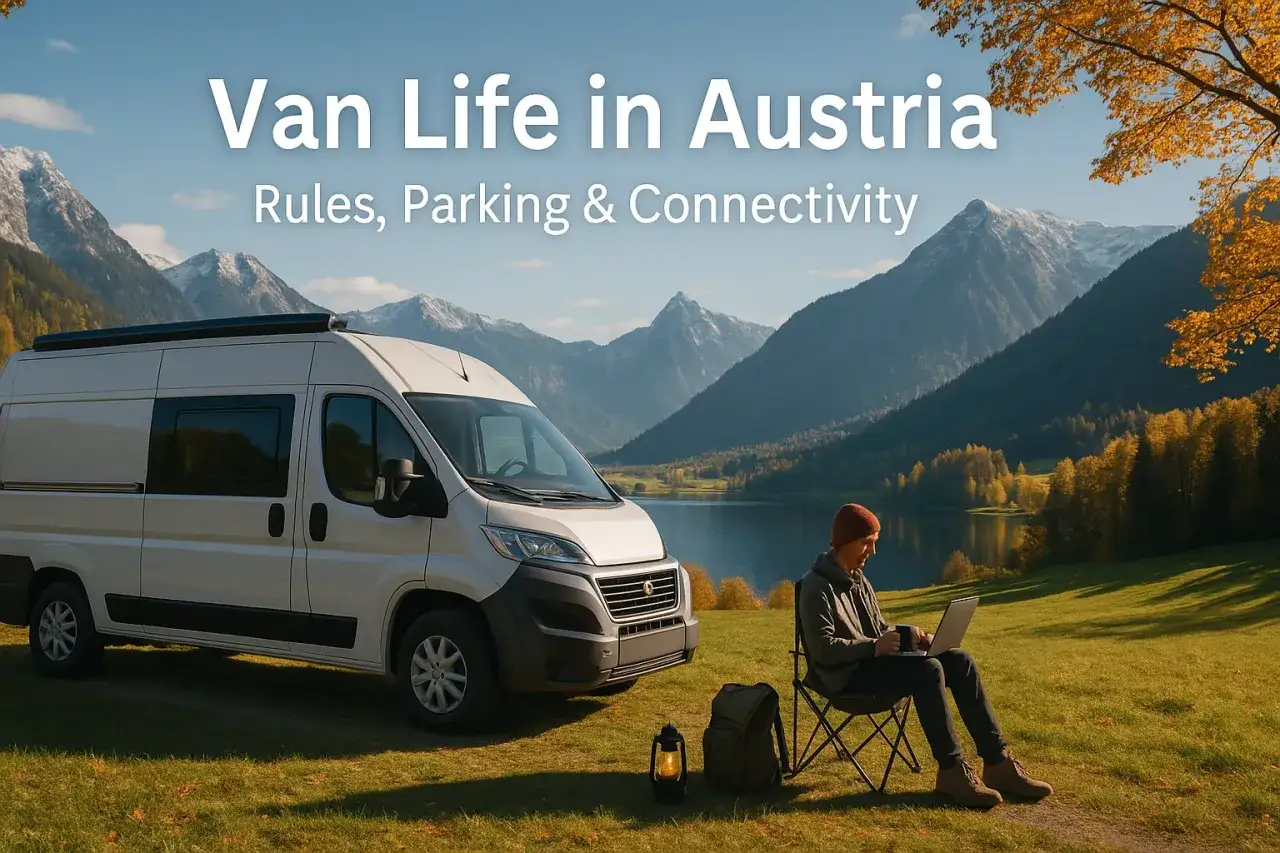 Van Life w Austrii: poznaj przepisy drogowe, zasady parkowania i łączności, ciesząc się malowniczym jeziorem i górami.