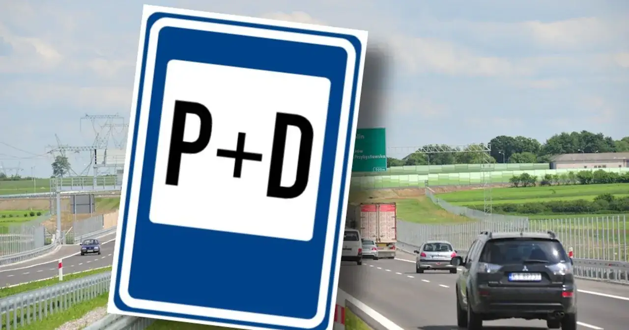 Znak P+D informuje o parkingu i dystrybutorze paliwa. Widok na autostradę z samochodami i zielonymi ekranami dźwiękochłonnymi. Znaki drogowe Czechy.